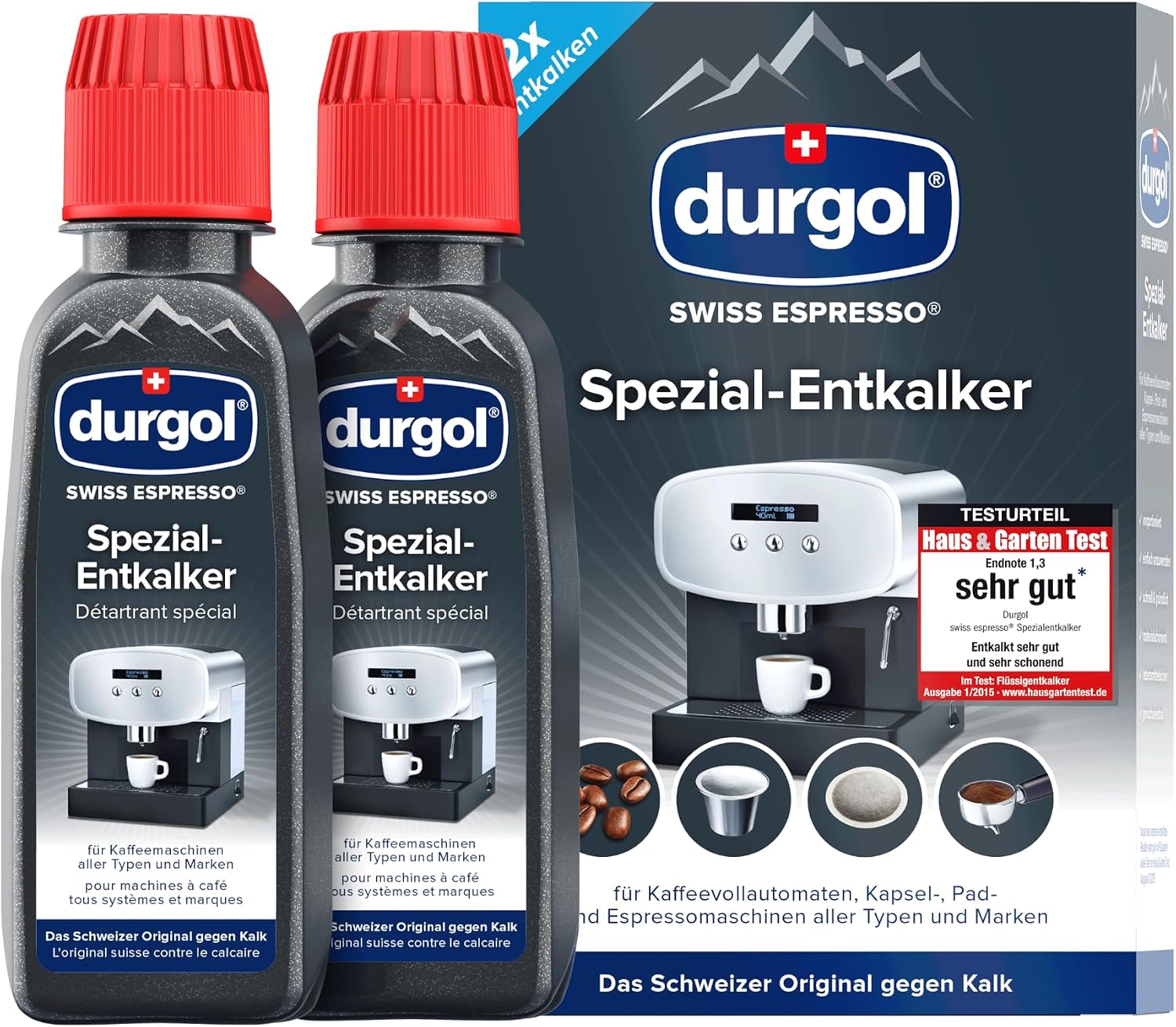 durgol swiss espresso Spezial-Entkalker – Kalkentferner für Kaffeemaschinen aller Typen und Arten – Einfache Reinigung ohne Einwirkzeit & Rückstände – Deutsche Version – 2x125ml