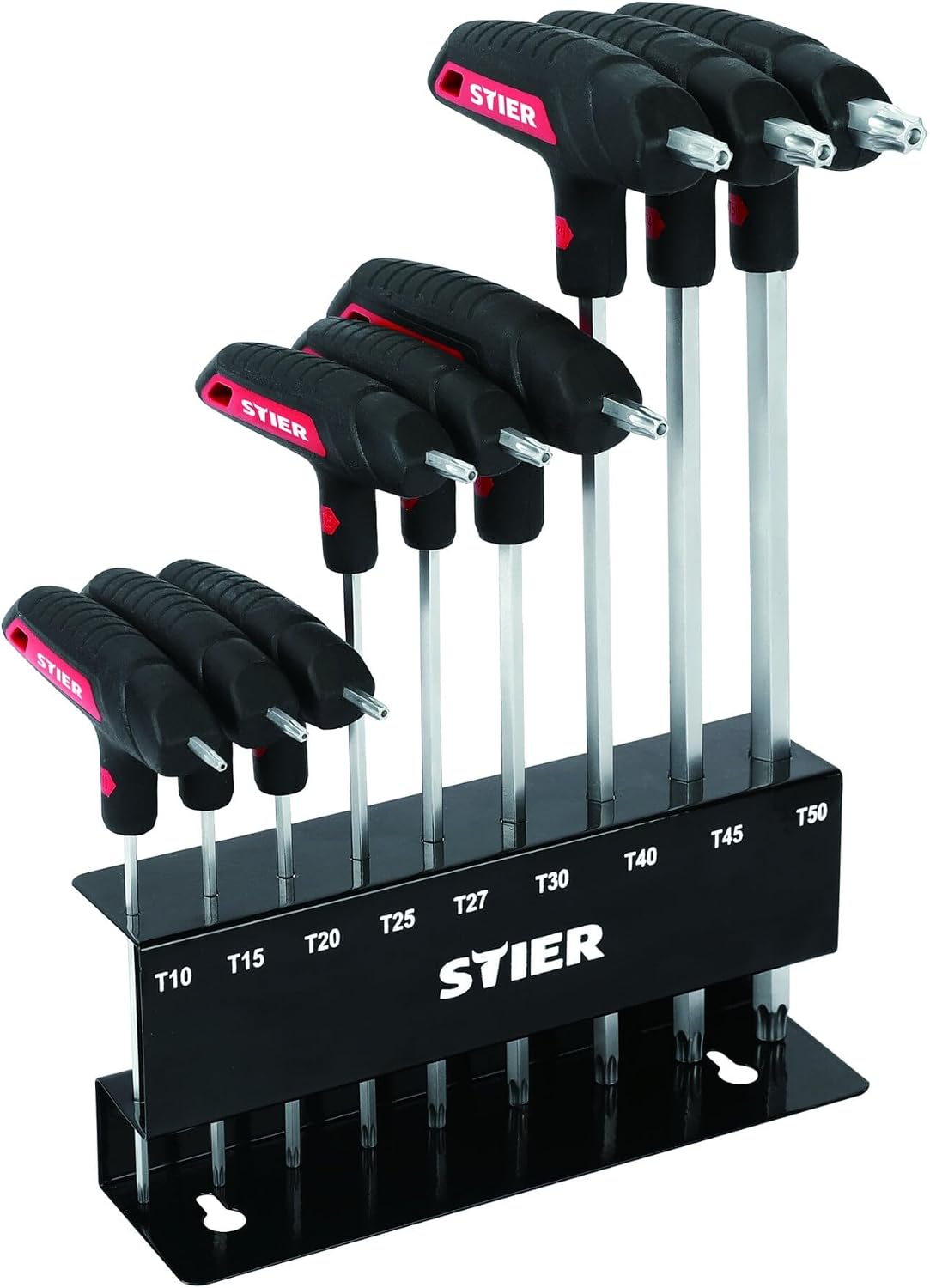 STIER T-Griff-Schraubendreher-Satz Torx, TX10 - TX50, 9-teilig, aus hochwertigem Chrom-Vanadium-Stahl, im Metall-Halter