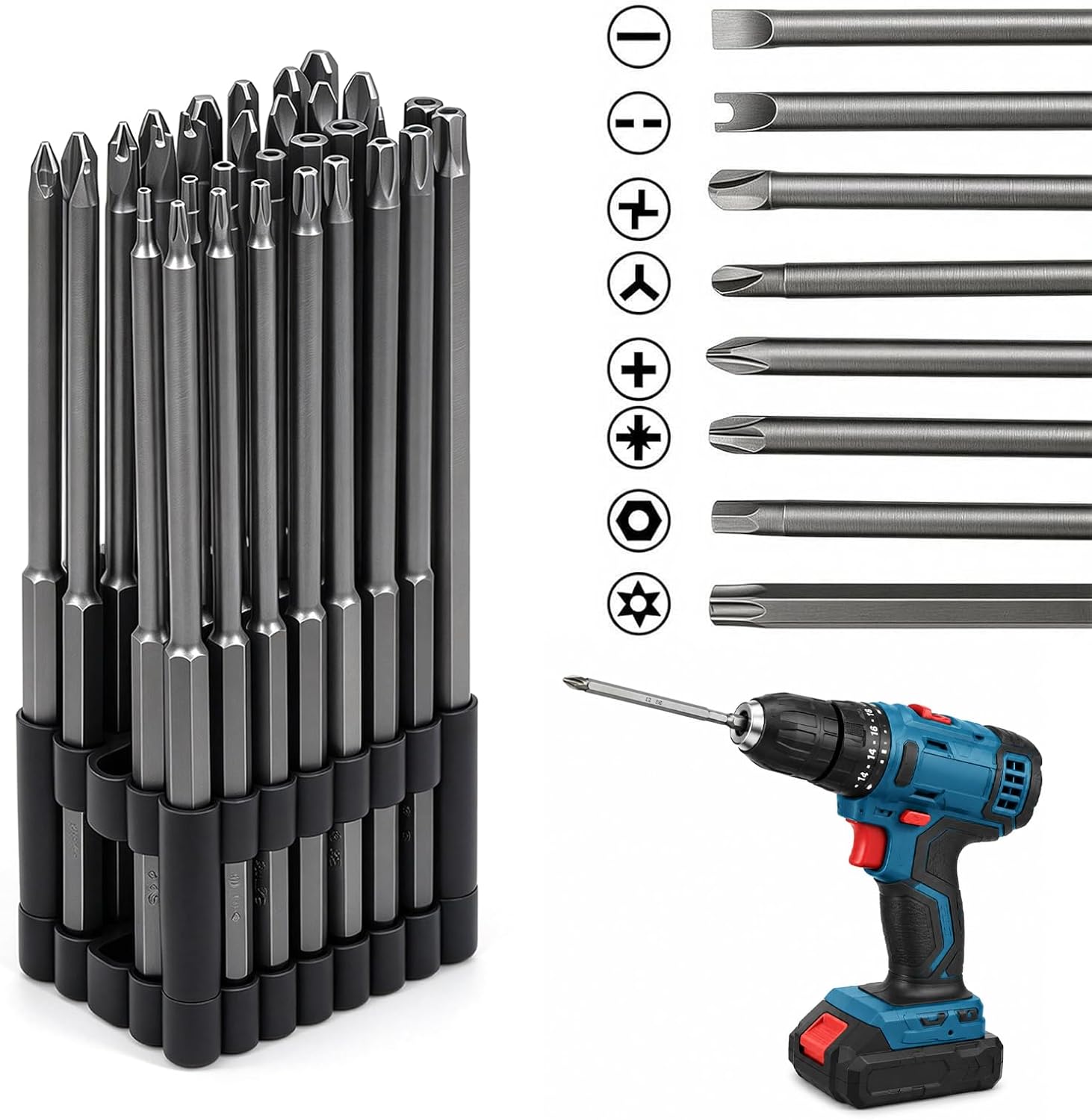 32-teiliges Schraubendreher Bit Set, 150 mm Extra Lang Bits-Set, S2-Stahl