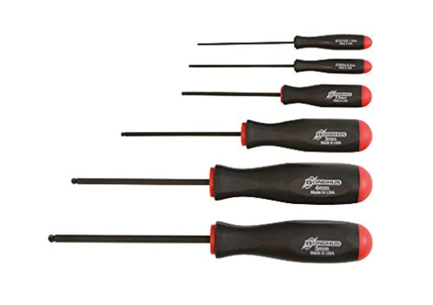 Bondhus Set mit 6 Stück ProHold Kugelkopf Schraubendreher 1.5 - 5 mm 74686 , 6 kant mit Kugelkopf , ProHold Funktion , Pro Guard Oberfläche , ergonomischer Griff , rutschfeste Oberfläche