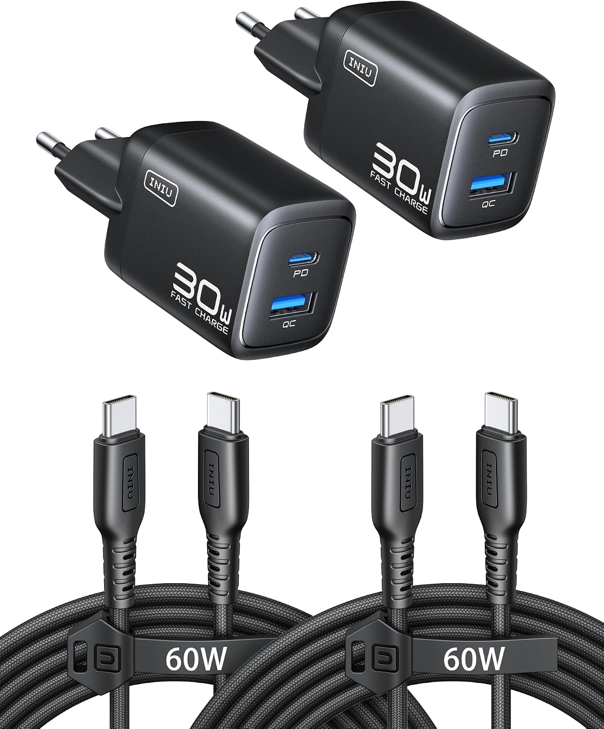 INIU 30W USB C Ladegerät, Dual-Port GaN Schnellladegerät mit 1,5m 60W Kabel