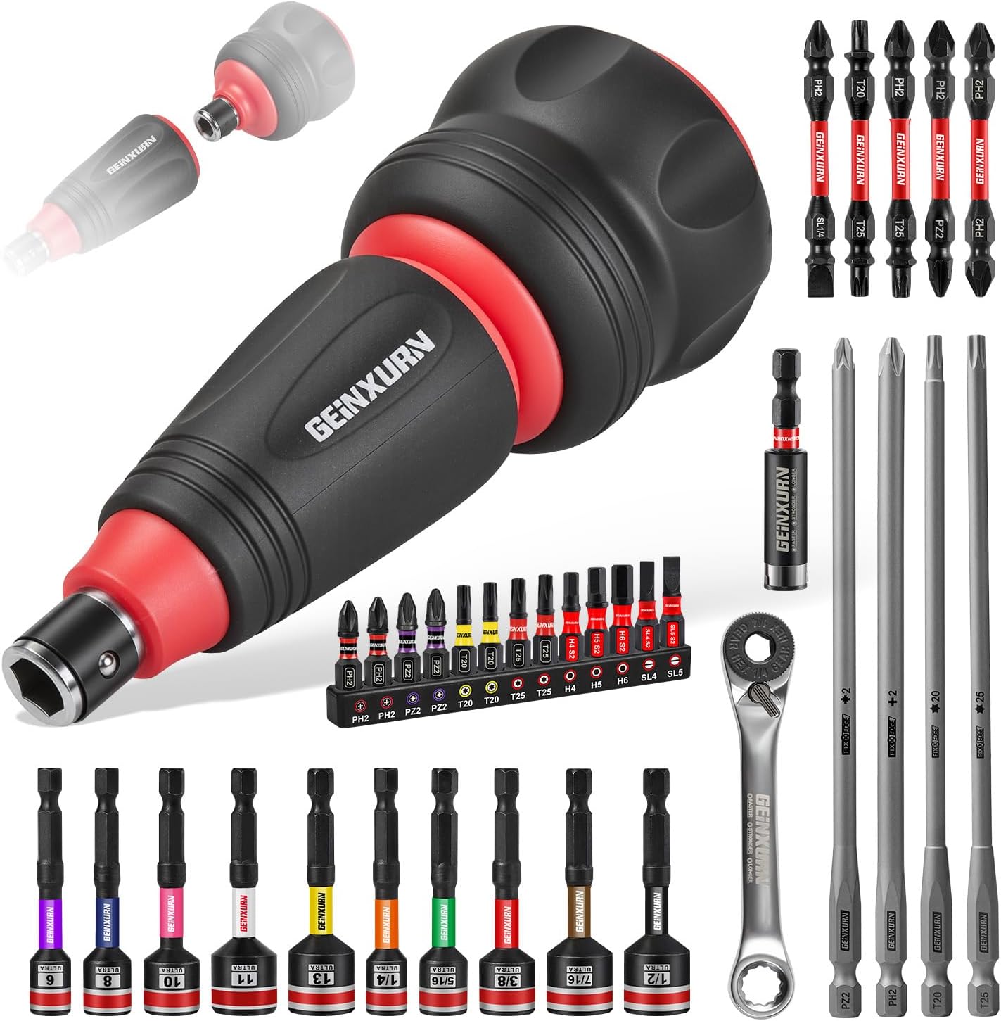 GEINXURN 35tlg. Stubby Ratschen-Schraubendreher-Set, 2-in-1 Stummelschrauber, Magnet Sechskant Stecknuss, Doppelende Mini-Ratsche, Magnetische Multibits (PH/PZ/Torx/Hex) und Bithalter für Reparatur