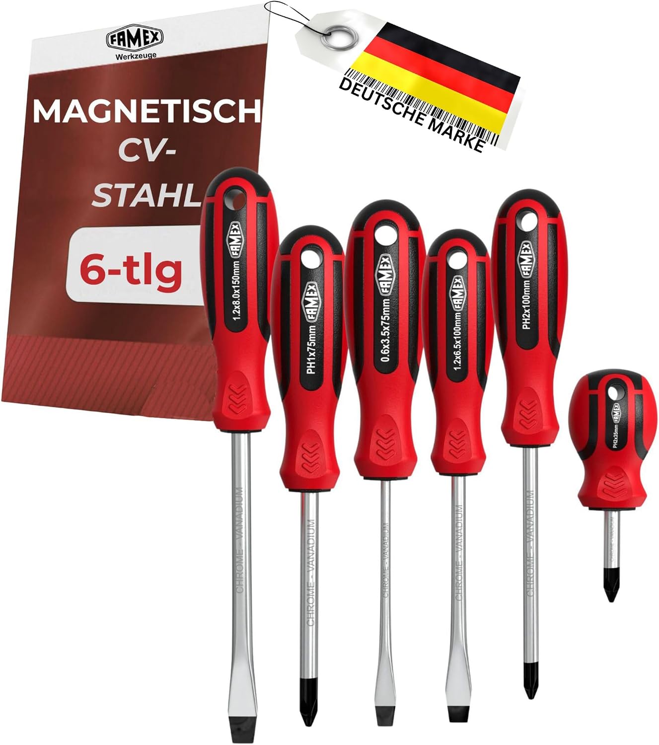 FAMEX Profi Schraubendreher Set 6tlg - Magnetischer Schraubenzieher Satz mit Schlitz und Kreuzschlitz PH, PZ, hochwertiger Chrom-Vanadium-Stahl, mit gehärteten Spitzen