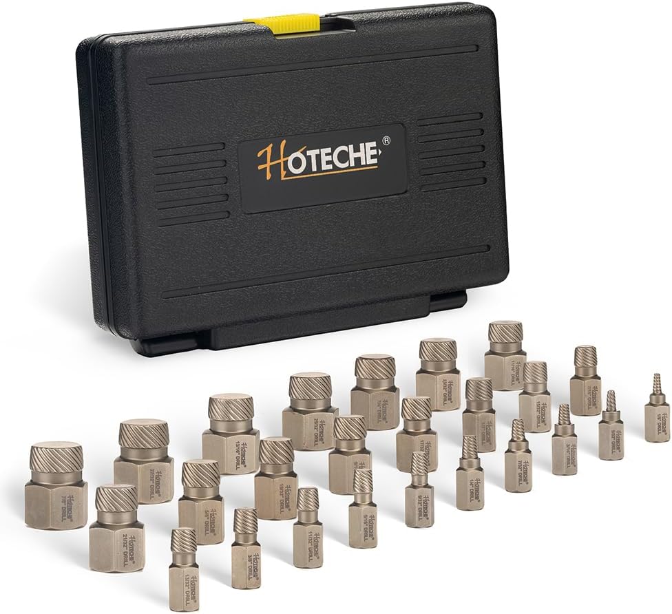 Hoteche 25-teiliges Schraubenausdreher Set aus 42 Chrom-Molybdän-Stahl - Schraubenlöser für Links- und Rechtsausdreher - 3,5 mm bis 23 mm - Sandgestrahlt - In Schwarzem Kunststoffkoffer