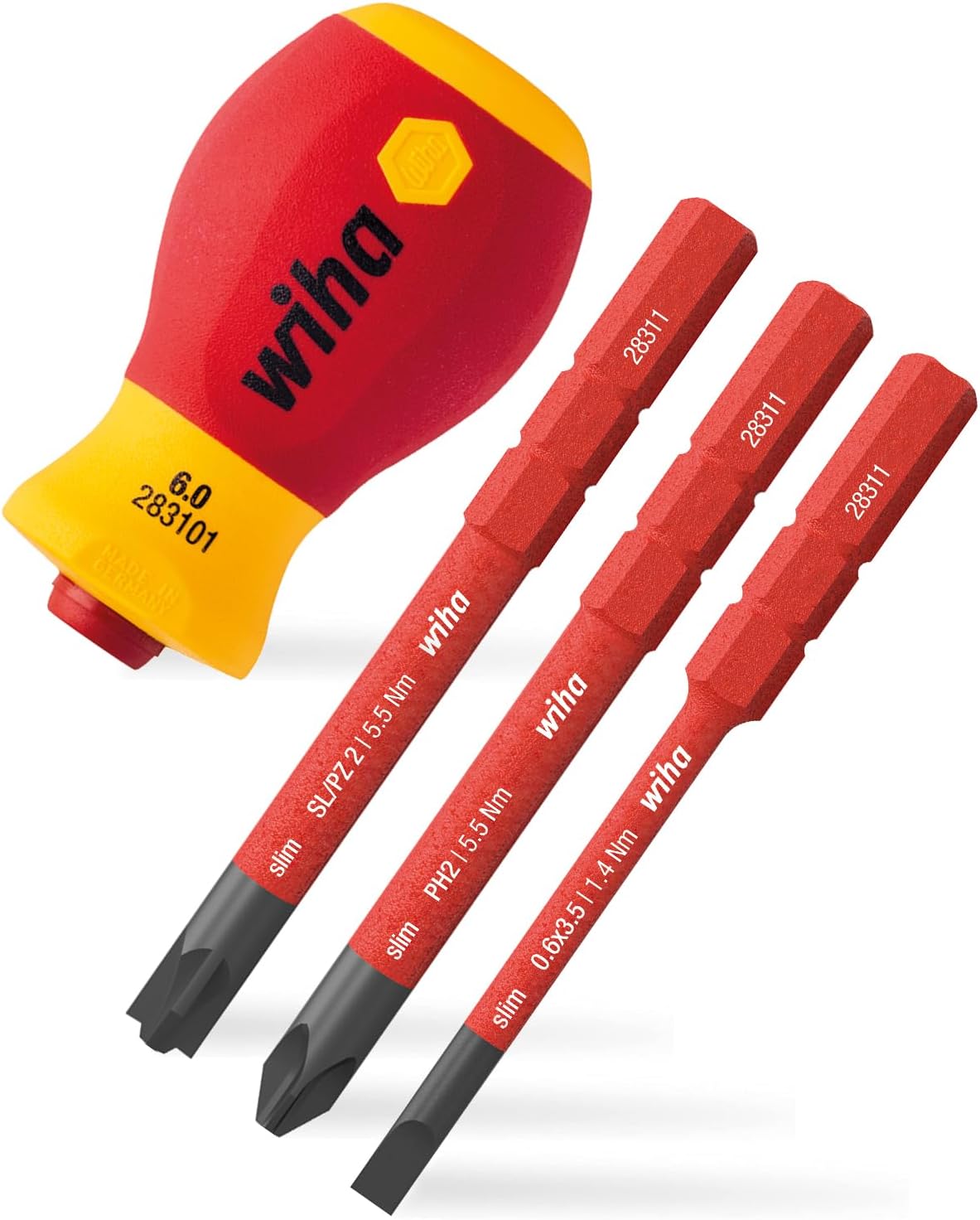 Wiha Schraubendreher mit Bithalter Set slimVario® electric Stubby I 4 teilig mit slimBits I Schlitz/ Phillips/ Pozidriv/ PlusMinus (41230)