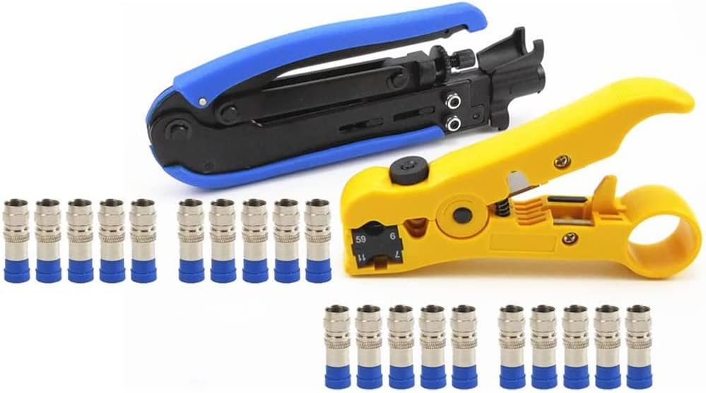 F-Steckverbinder-Crimper-Abisolierzangen-Set für Koax-Koaxialkabel RG6 RG59 RG11 Hand-Kompressions-Crimp-Schneide-TV-Kabel-Handwerkzeug 20 x F-Kompressionsstecker im Lieferumfang enthalten