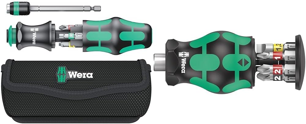 Wera 05051016001 Kraftform Kompakt 20 Tool Finder 1, mit Tasche, 7-teilig, Schwarz Grün, One size & 05008873001 Kraftform Kompakt Stubby 1 Schraubendreher mit Bit Magazin, 6-teilig