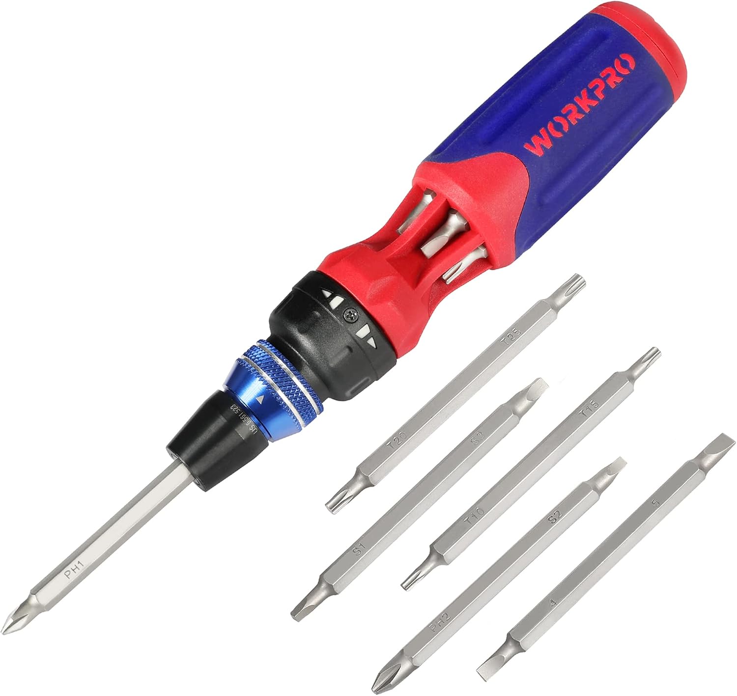 WORKPRO Multibit Schraubendreher mit Ratsche 72 Zähne, 12-in 1 Ratschen-Schraubendreher mit 6 Bits aus S2 Stahl im Griff, inkl. SL4/5, PH1/2/3, SQ1/2/3, T10/15/20/25 für Heimwerker Reparatur Montage