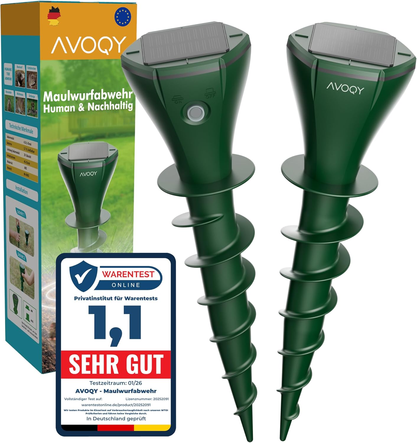 Maulwurf Vertreiber Solar [2er-Set] – Vibrations Maulwurfschreck gegen Maulwürfe und Wühlmäuse, IP65 Wasserdicht, Wetterfest & Tierfreundlich für Garten und Rasen