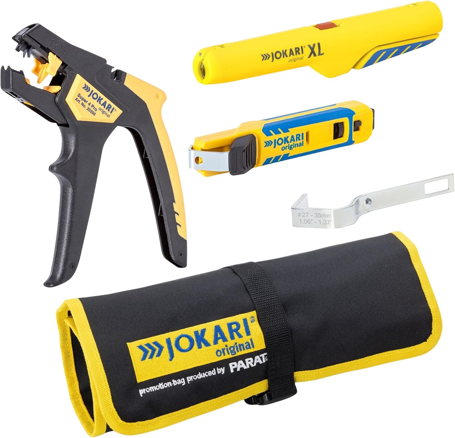 JOKARI Abisolier-Set 3-teilig inkl. Rolltasche | Abisolierzange Super 4 Pro + Jokari Entmanteler XL + Kabelmesser System 4-70