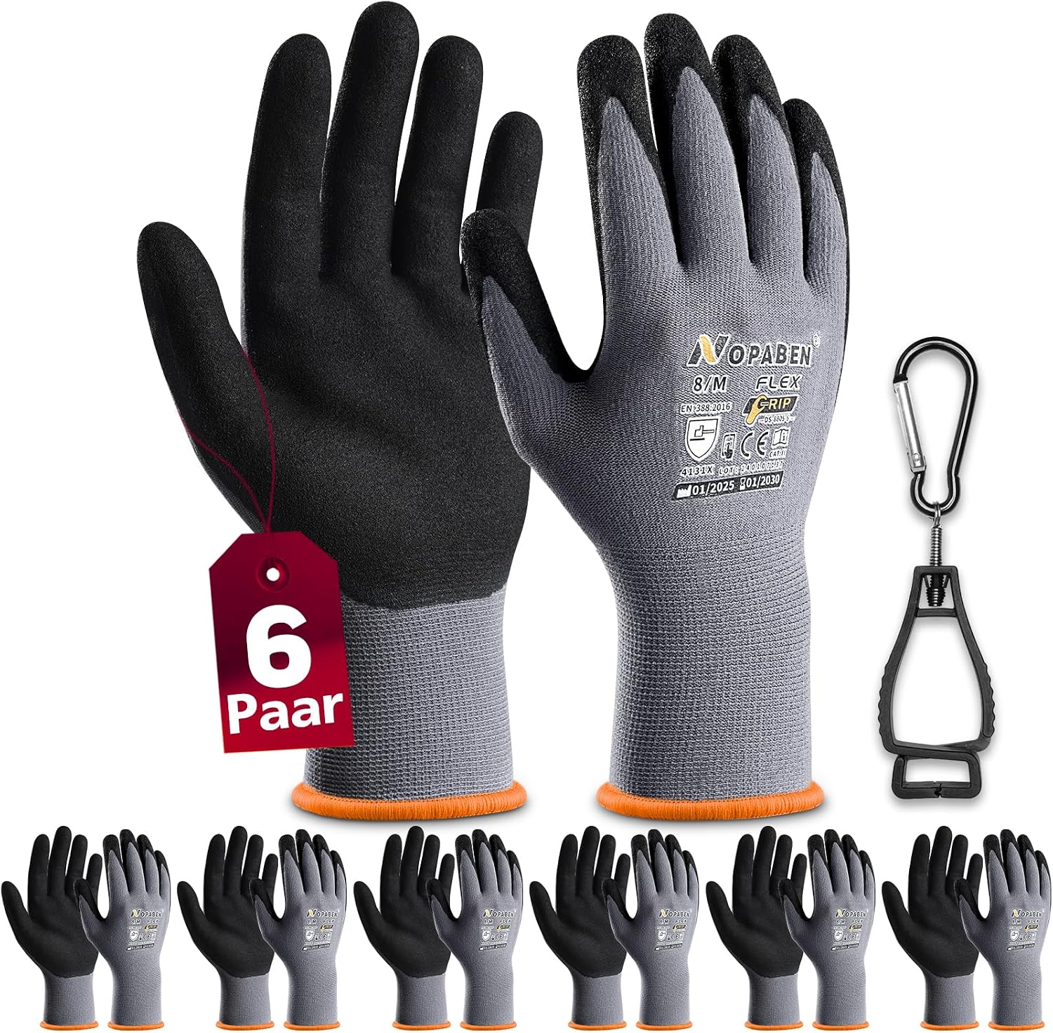 6 Paar Arbeitshandschuhe mit grip herren, mit Rutschfeste Nitril-Beschichtung Mechaniker Handschuhe, Montagehandschuhe mit optimaler Griffigkeit & feinem Tastgefühl, gartenhandschuhe damen, Größe 8/M