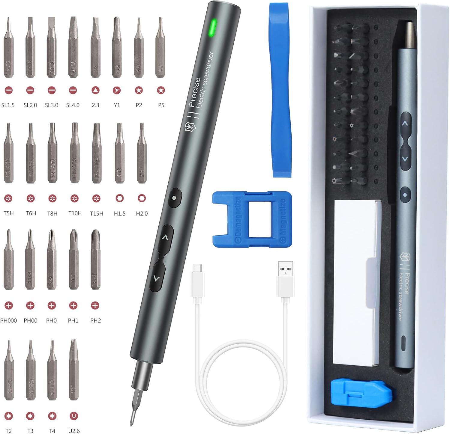 LOFICOPER Mini Elektro-Schraubendreher Set, 28 in 1 Magnetische Präzisions Akkuschrauber mit 24 Bits, LED, Type-C USB, Tragbarer Reparatur-Kits für Laptops, Uhren - Schwarz