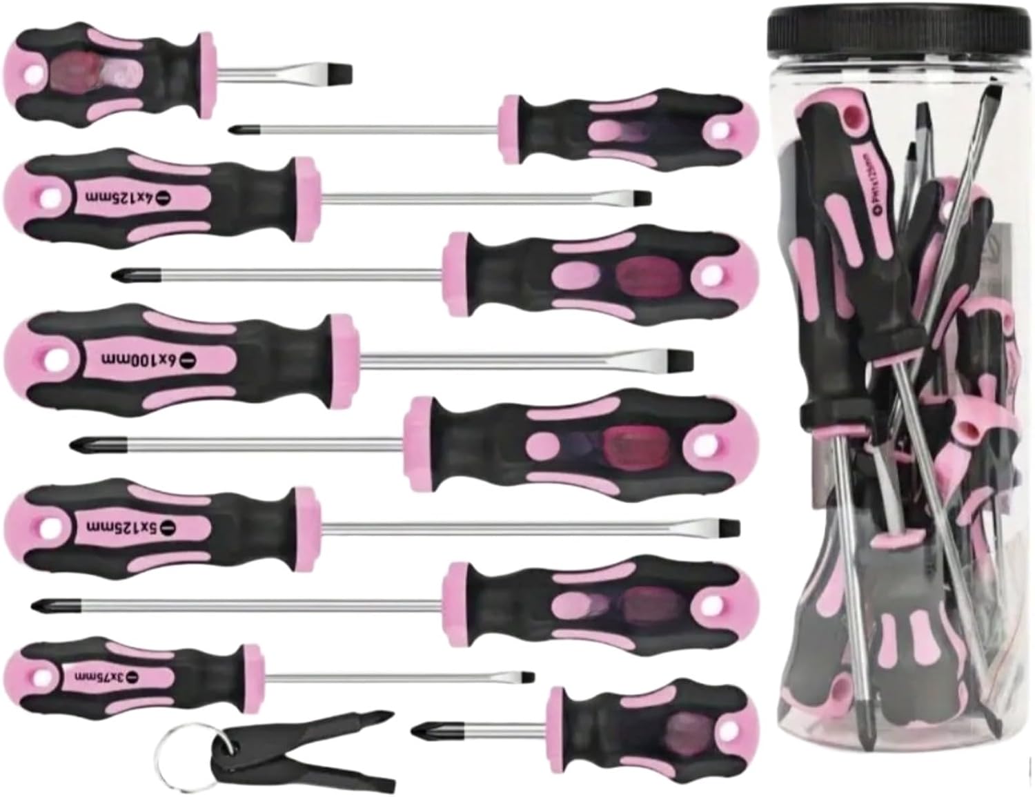 Pinkes Schraubendreher-Set, 12-teilig, für Cr-V-Stahl, magnetische Spitze, rutschfester Griff, kompakter Aufbewahrungskoffer für Reparaturprojekte im Haushalt (A)