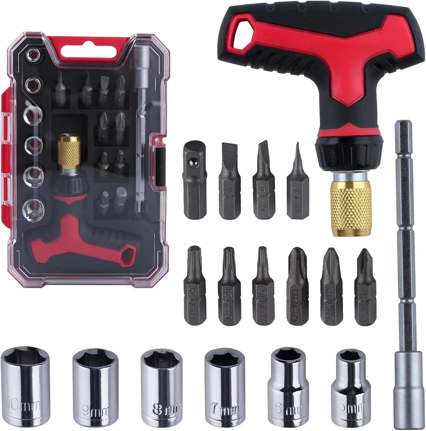 LEONTOOL 18 Stück T-Griff Ratschenschlüssel und Schraubendreher Set, 3 Einstellbare Griffpositionen Magnetischer Multi-Bit Ratschen-Schraubendreher und Steckschlüsselsatz mit Schnelllade-Mechanismus