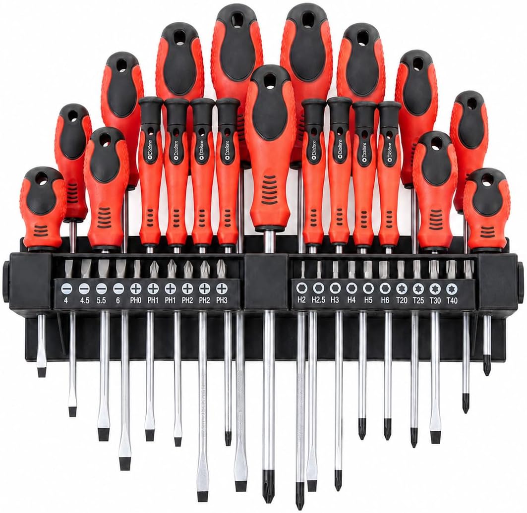 KOMBO - Professionelles 38-teiliges Schraubendreher- und Bit-Set aus Cr-V – Wandhalterung Inklusive, Neigbarer Halter, Rutschfeste Griffe – Standard-, Torx-, PH-, SL- und Präzisionsschraubendreher