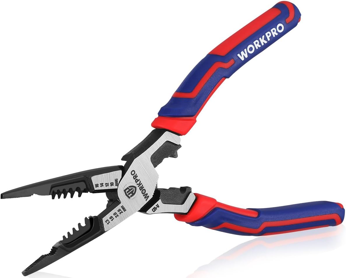 WORKPRO Spitzzange 195mm, Cr-V Stahl, Drahtschneider, Abisolierzange