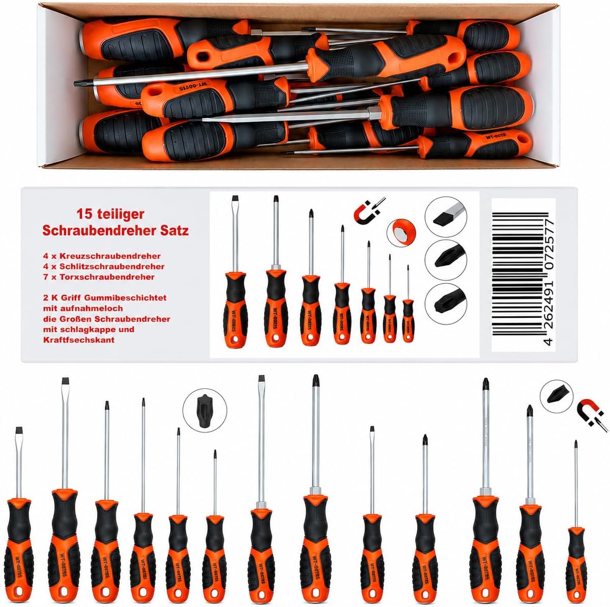 15 teiliges Schraubendreher-Set, Professionelles Werkzeug-Set mit vielseitigen Schraubenziehern, Schlitz, Kreuz und vielen Torx Schraubendrehern