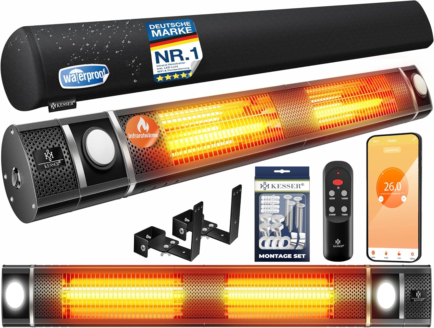 KESSER® Infrarot Heizstrahler 3000W IR-Gastro-Bar Inkl. LED Licht Terrassenstrahler Mit WiFi & Fernbedienung inkl. Schutzhülle Infrarotstrahler Quarzstrahler Terrassenheizer