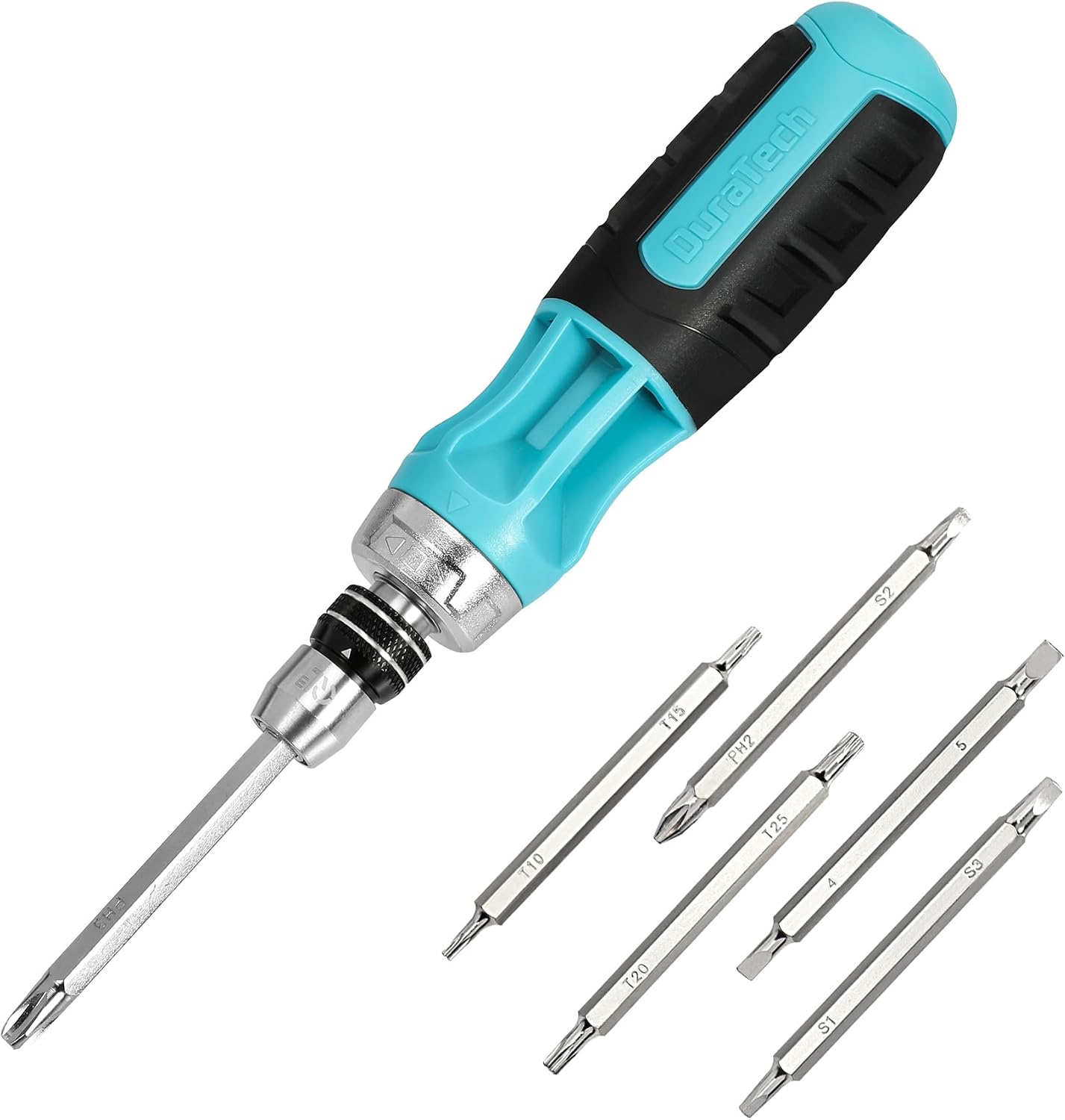 DURATECH Schraubendreher 12-in-1 Funktion, Ratschenschraubendreher-Set mit 6 Doppelkopf-Schnellspannbits, Schraubendreher mit Schnellwechselstruktur und Premium S2 Bits (Torx, Phillips und Schlitz)