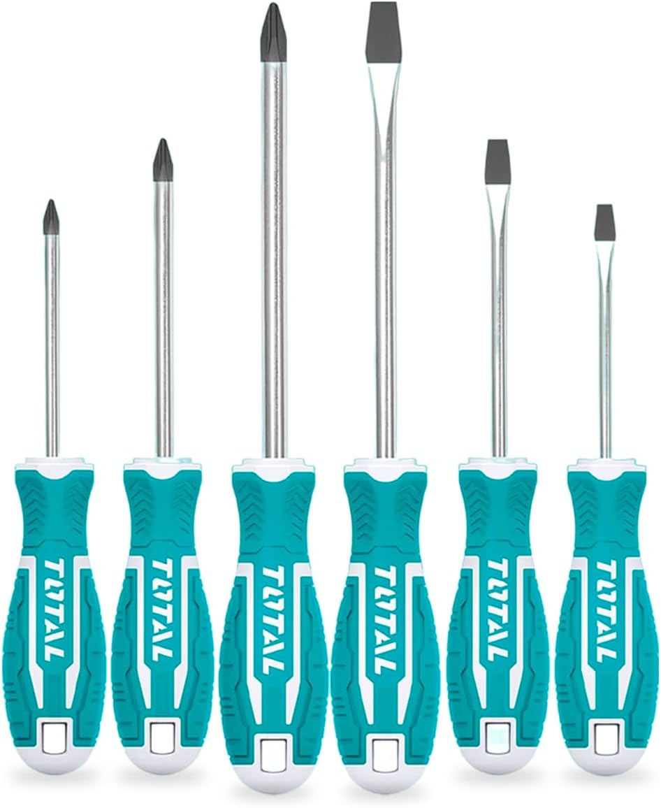 TOTAL - Set aus 6 Schraubendrehern - 3 mit Flachspitze und 3 Phillips - Magnetische Spitze mit starkem Magneten - Bequem zu benutzen - Chrom-Vanadium