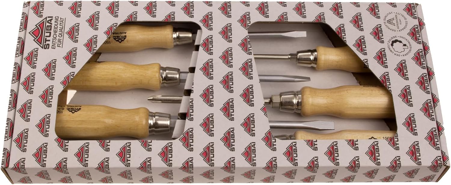 STUBAI 1580 Schraubendrehersatz 6-teilig, Kreuz- und Schlitz-Schraubendreher mit ergonomischem Hartholzgriff, versiegelter Oberfläche und Sechskant, Werkstatt Set für präzises Arbeiten im Handwerk