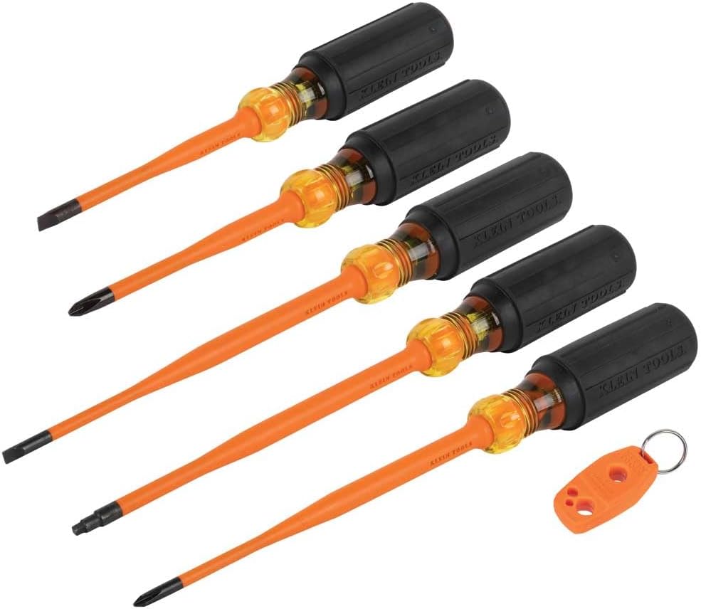 Klein Tools 33736INS Isolierter Schraubendreher-Set, 1000 V Slim-Tip Schraubendreher mit Kreuzschlitz, Schrank- und Vierkant-Bits und einem Magnetisierer, 6-teilig