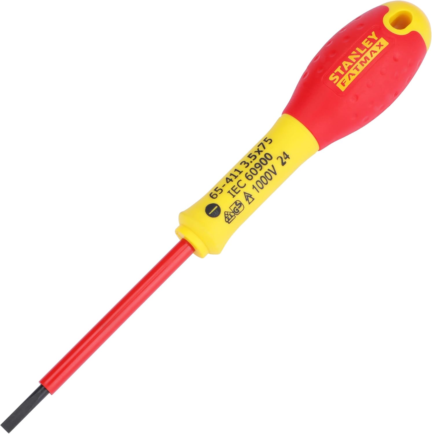 Stanley FatMax Schraubendreher Schlitz 0-65-410 (isoliert, VDE-konform, 2.5 mm, 50 mm Länge, Chrom-Vanadium, Soft-Grip, für Elektriker & sicheres Arbeiten an spannungsführenden Leitungen bis 1000V)