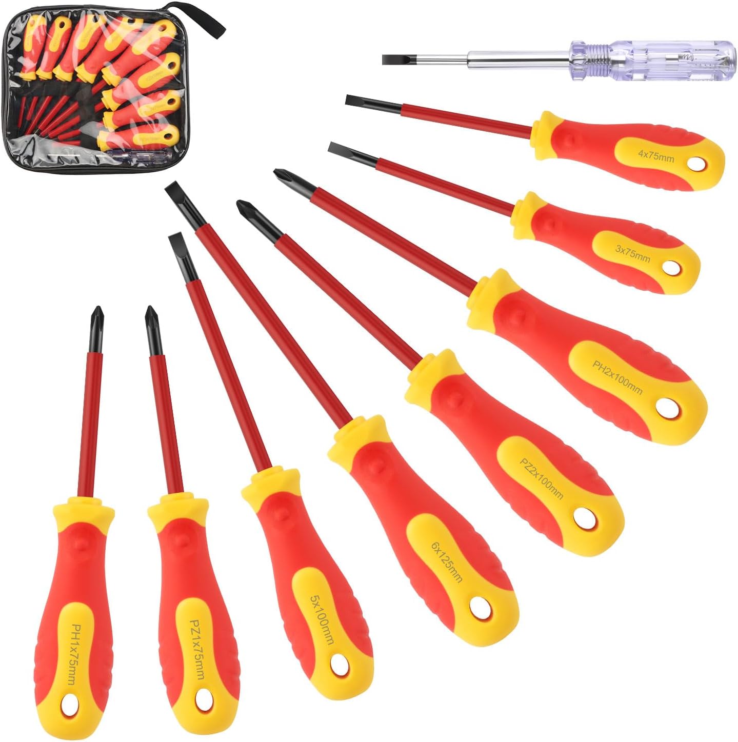 Isolierter Schraubendreher Set 9tlg, Magnetisch Schraubenzieher Set bis 1000V aus Chrom-Vanadium-Stahl, mit Schlitz, Kreuzschlitz, Pozidriv Schraubendreher und Spannungsprüfer, für Elektriker & DIY