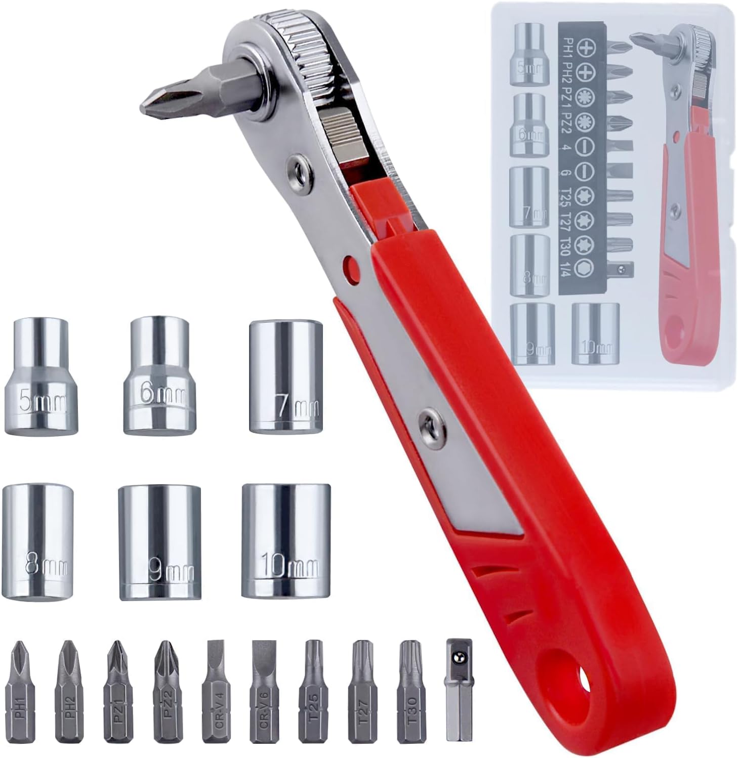 LEONTOOL 17-teiliges rechtwinkliges Schraubendreher-Set, 90-Grad-Offset-Schraubendreher für enge Räume, 36-Zahn-Mini-Ratschen-Set mit 6,35 mm Pozidriv/Schlitz/Torx-Bits