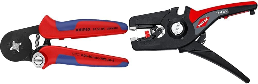 Knipex Selbsteinstellende Crimpzange für Aderendhülsen mit Seiteneinführung brüniert, mit Mehrkomponenten-Hüllen 180 mm 97 53 04 & PreciStrip16 Automatische Abisolierzange 195 mm
