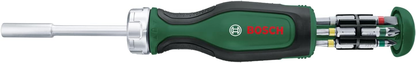 Tournevis à cliquet avec 12 embouts Bosch (tournevis à cliquet à couple élevé pour vissages exigeants ; magasin d’embouts amovible ; porte-embout magnétique) - Amazon Edition Vert