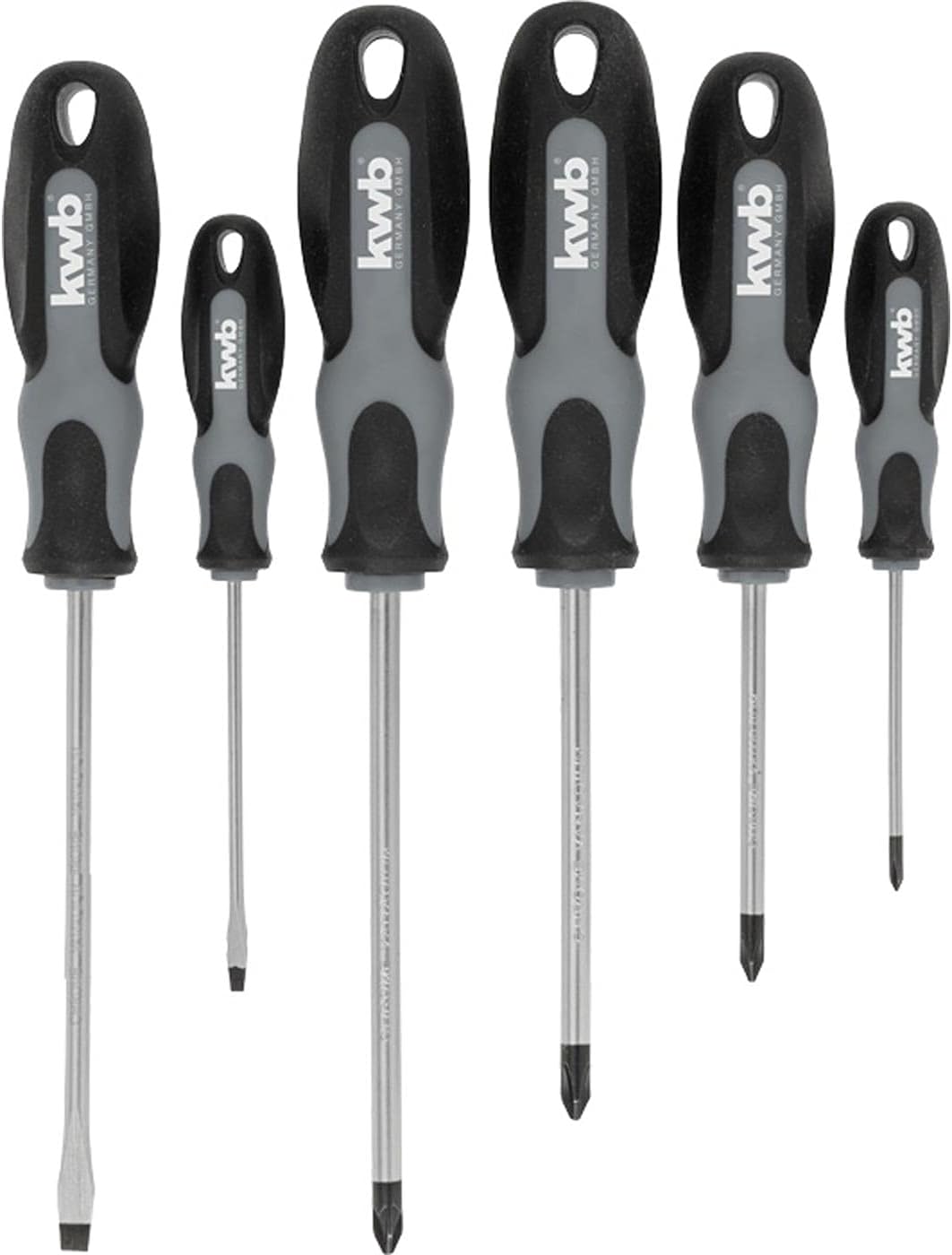 kwb Schraubendreher-Set 6-teilig, mit magnetischer Spitze, extra gehärtet, inkl. 2-Komponenten-Griff und Aufhänge-Loch, Schraubenzieher-Satz aus mattiertem CV Stahl