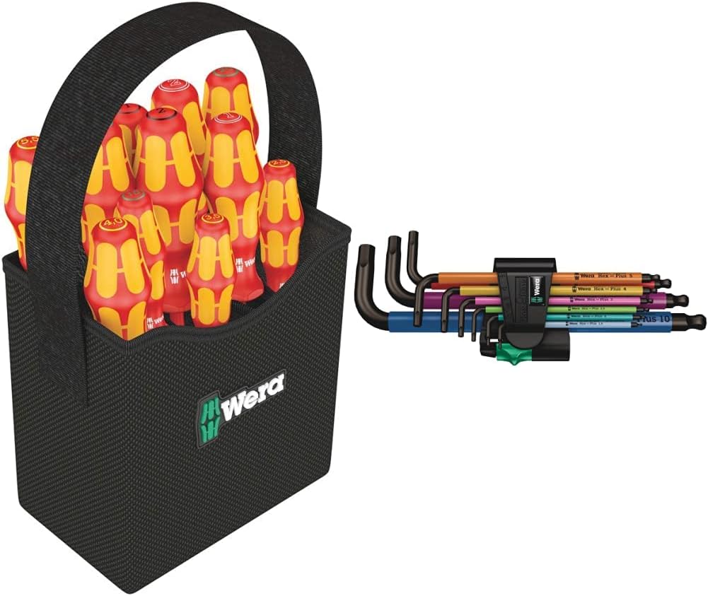 Wera Schraubendreher Set im textilen Köcher Kraftform 2go 100, 11-teilig, 1 Stück, 05004310001 & 950 SPKL/9 SM N Multicolour Winkelschlüsselsatz, metrisch, BlackLaser, 9-teilig, Wera 05022089001