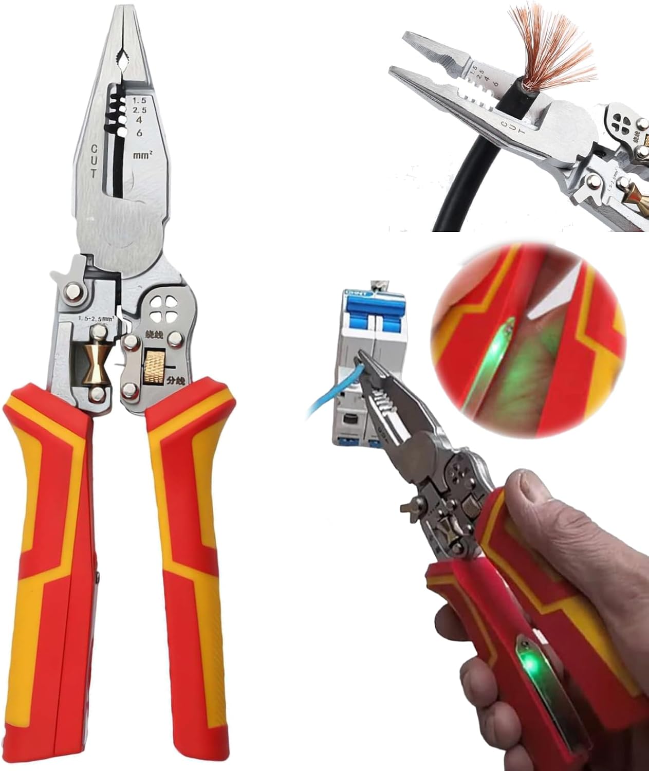 Generisch 9-in-1 Multifunktions-Abisolierzange & Crimper mit Spannungsprüfer - Verstellbare Twister-Zange zum Schneiden, Ziehen, Abisolieren, Crimpen, Schaben von Drähten, Kabelschere mit Strommessung