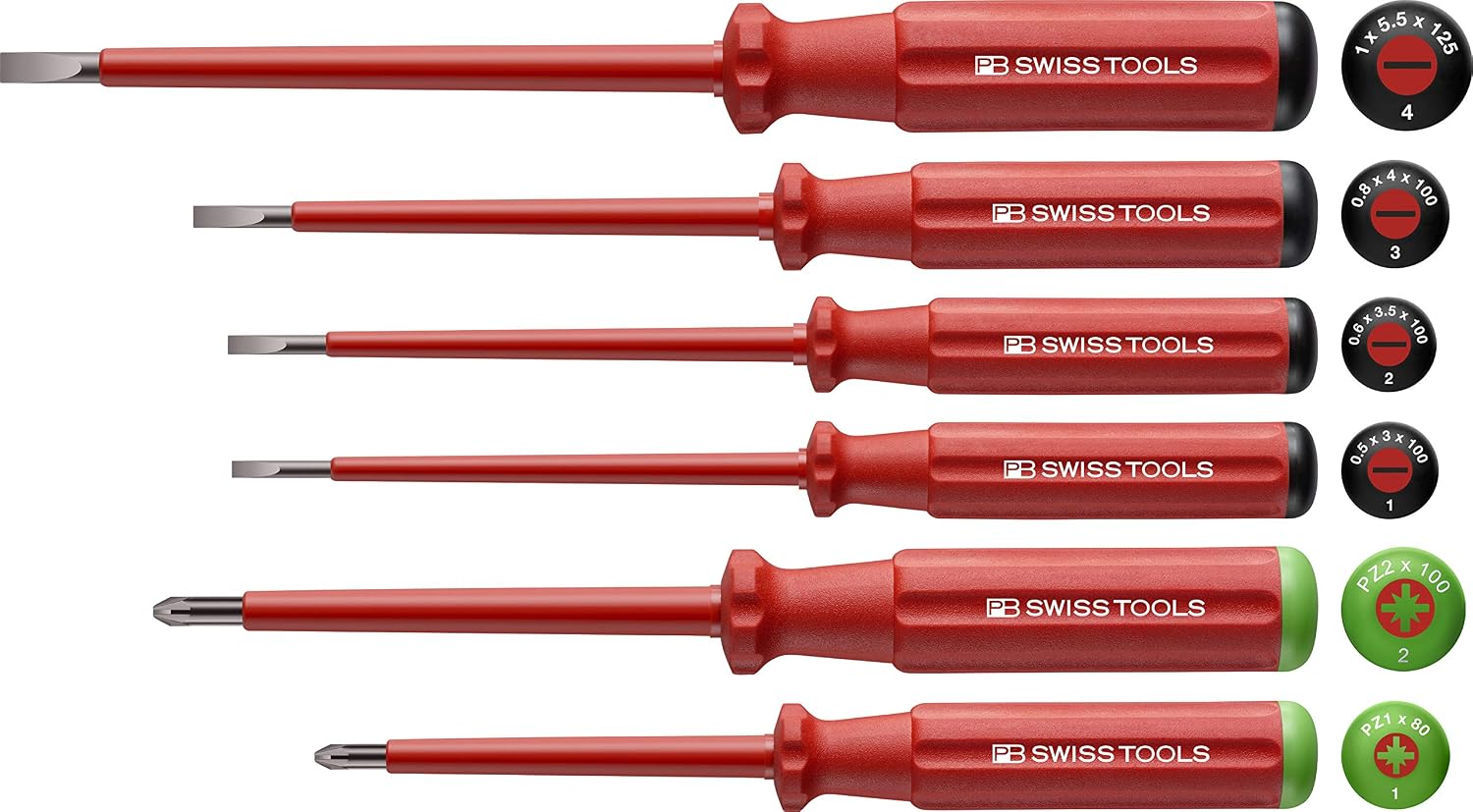 PB Swiss Tools POZIDRIV SCHLITZ Schraubendreher-Set Elektriker VDE PB 5543, Isoliert bis 1.000 Volt, 100% Swiss Made, Unbegrenzte Garantie, Rot (6-tlg. (PZ1/PZ2/1/2/3/4))