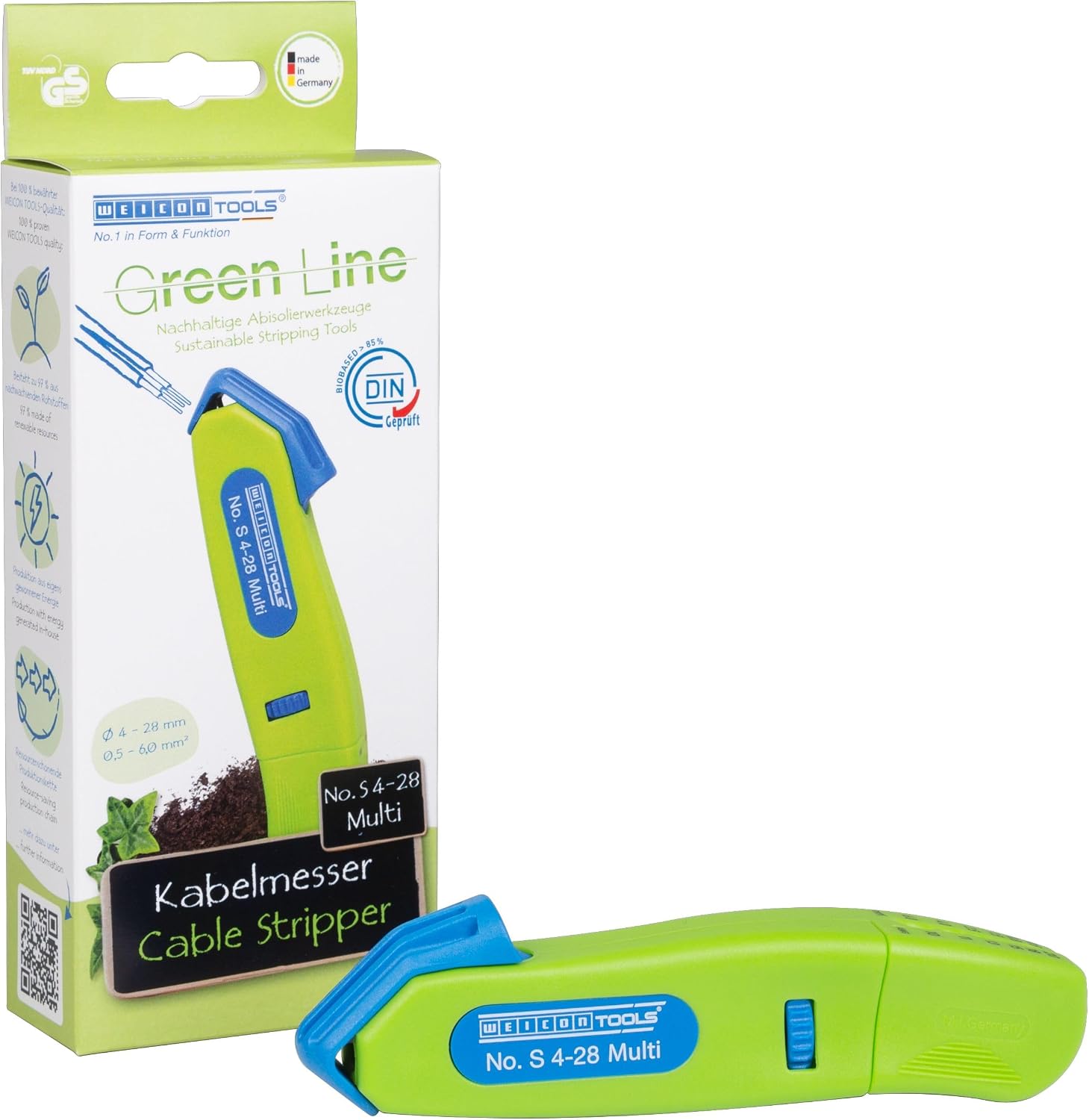WEICON TOOLS Kabelmesser No. S 4-28 Multi Green Line | Nachhaltige Rohstoffe | mit Abisolierfunktion im Gehäuse