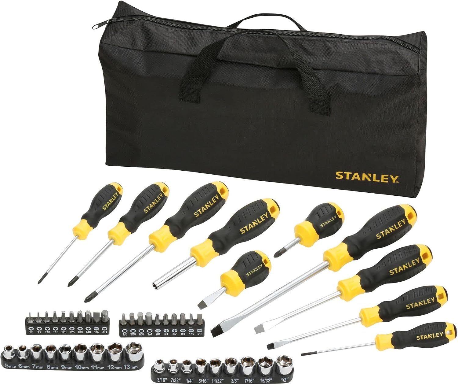 Stanley STHT0-70887 Schraubendreher-Steckschlüsselsatz und Bit-Set mit Tasche, 48-teilig, gelb/schwarz