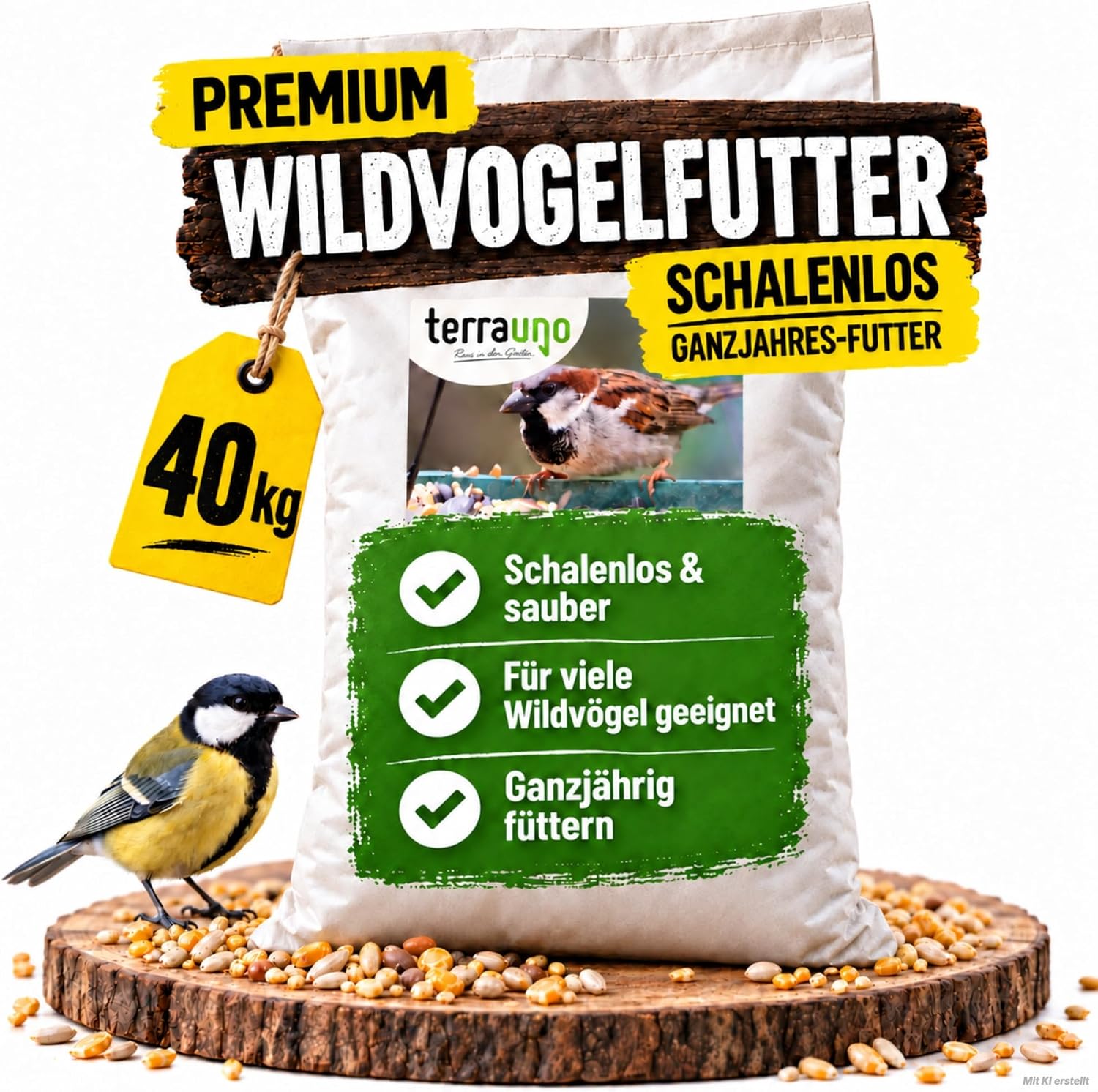 TerraUno Vogelfutter Wildvögel Ganzjährig, Wildvogelfutter Schalenfrei 10Kg