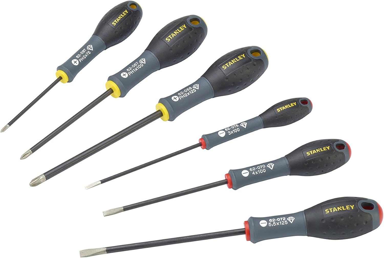 Stanley FatMax Schraubendreher/Schraubenzieher-Set, 6-teiliges Set bestehend aus PH1, PH2, 3/4/5.5mm und T25, mit Diamantspitze, Klinge aus Qualitätsstahl, Drei-Komponenten-Handgriff, FMHT0-62062