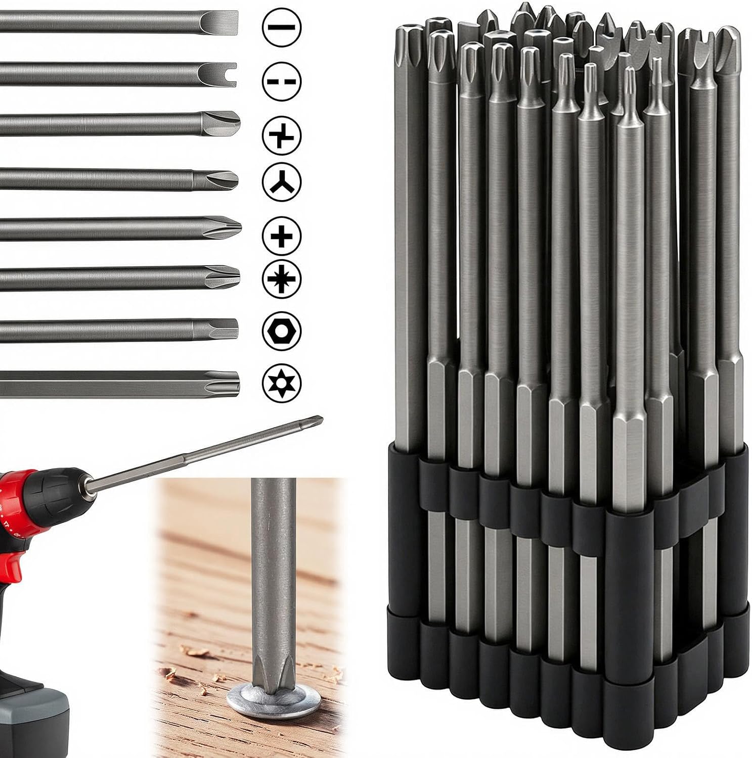 Rierousy 32-teiliges Schraubendreher-Bit Set, Lang 150 mm, S2-Stahl, Magnetisch, 1/4" Sechskant, Torx/Phillips/Inbus/Flach/Doppelt/Sicherheit, mit Organizerhalter, für Bohrer