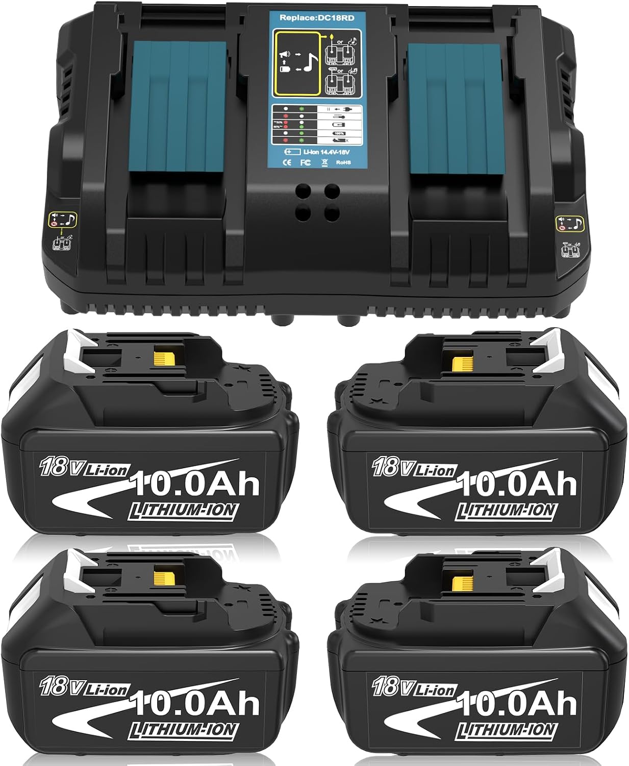 4X 10.0Ah Ersatz für Makita Akku 18V+Ladegerät DC18RD
