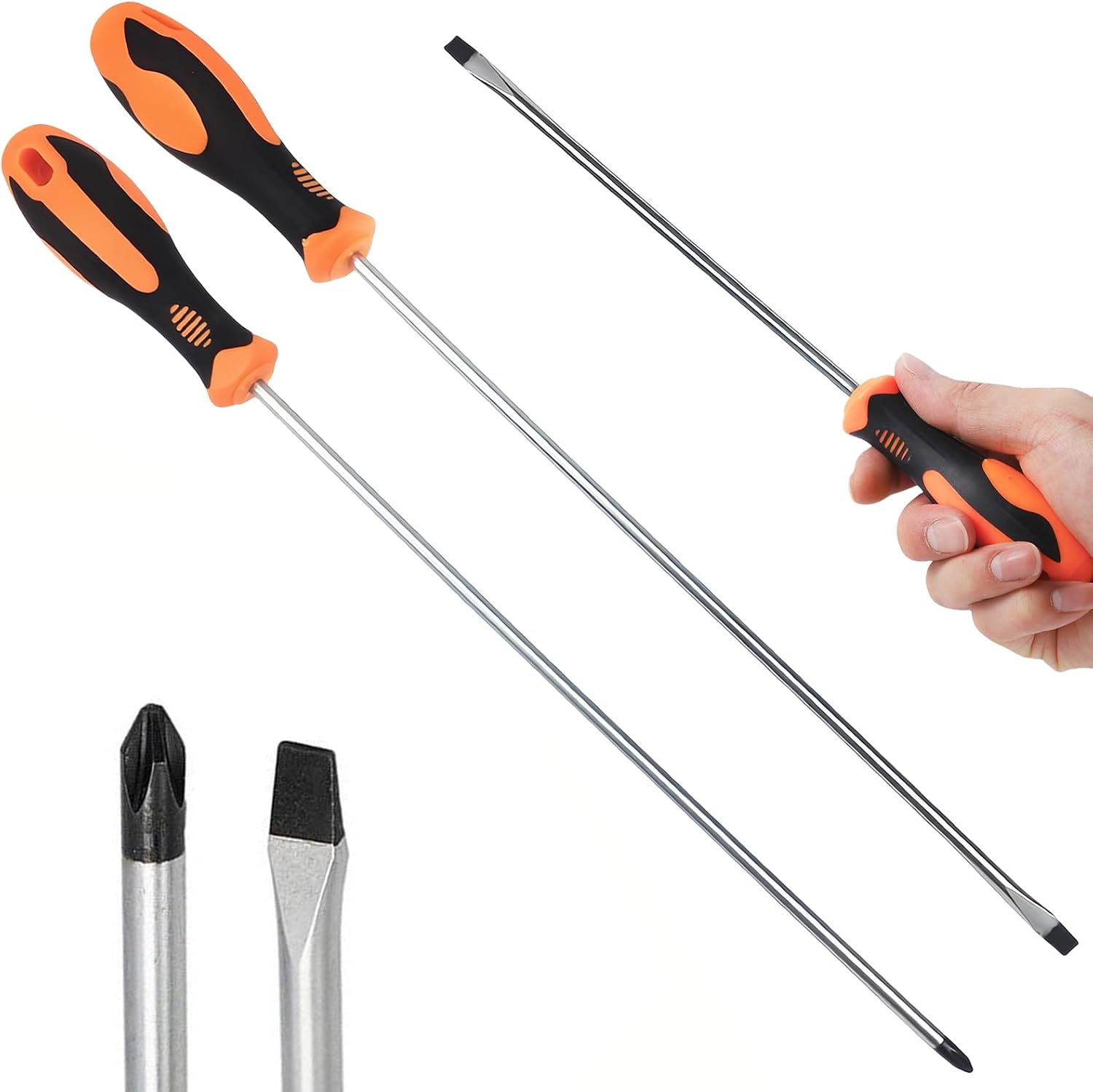 2 Stück Schraubendreher Lang: Kreuzschlitzschraubendreher und Flachschraubendreher, Schraubendreher Magnetisch aus Chrom-Vanadium-Stahl mit Rutschfeste Griffen für Nähmaschine DIY-Handwerkzeug