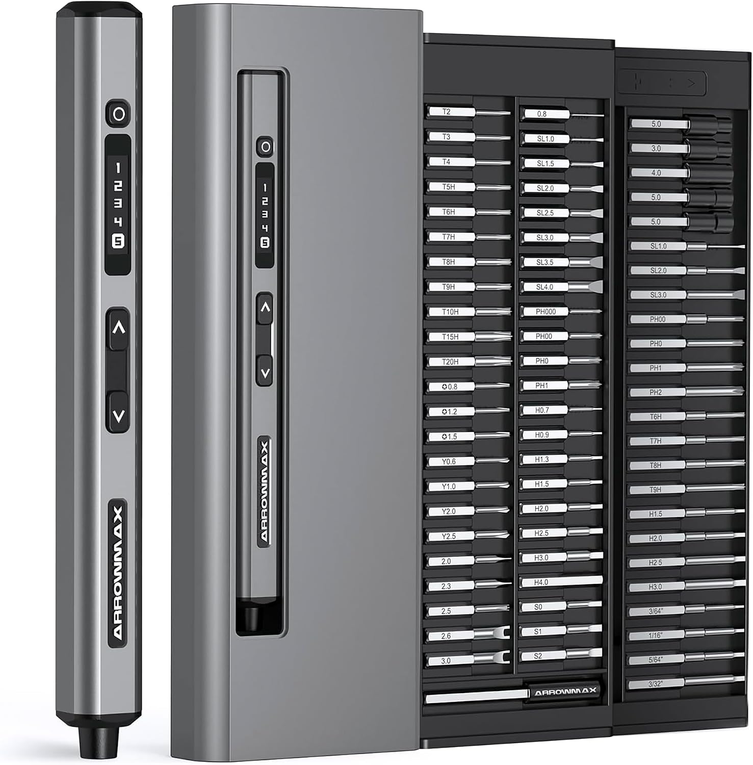 ARROWMAX Elektrischer Schraubendreher Set, 70-in-1 Feinmechanik Werkzeug, 5 Drehmomentstufen, 280 U/min, OLED-Display & 4 LEDs, Mini Akkuschrauber für PC, Laptop, Handy, Uhr & Drohne, SES ULTRA