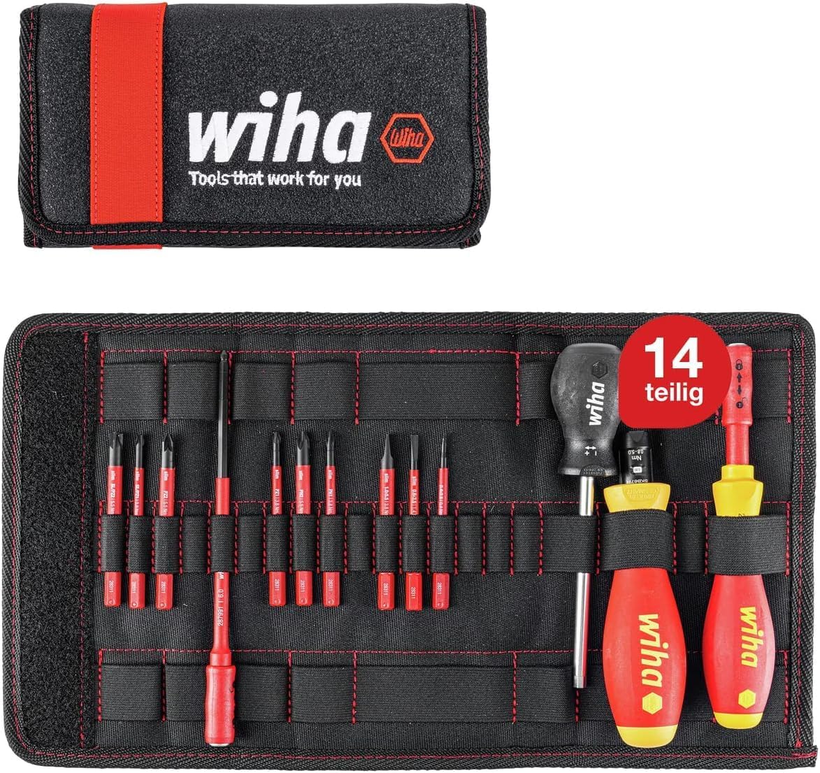Wiha Drehmoment Schlüssel Schraubendreher Set torquevario-s electric (40674) gemischt 14tlg. 0,8-5,0 Nm inkl. Falttasche Schlitz Kreuz Plusminus