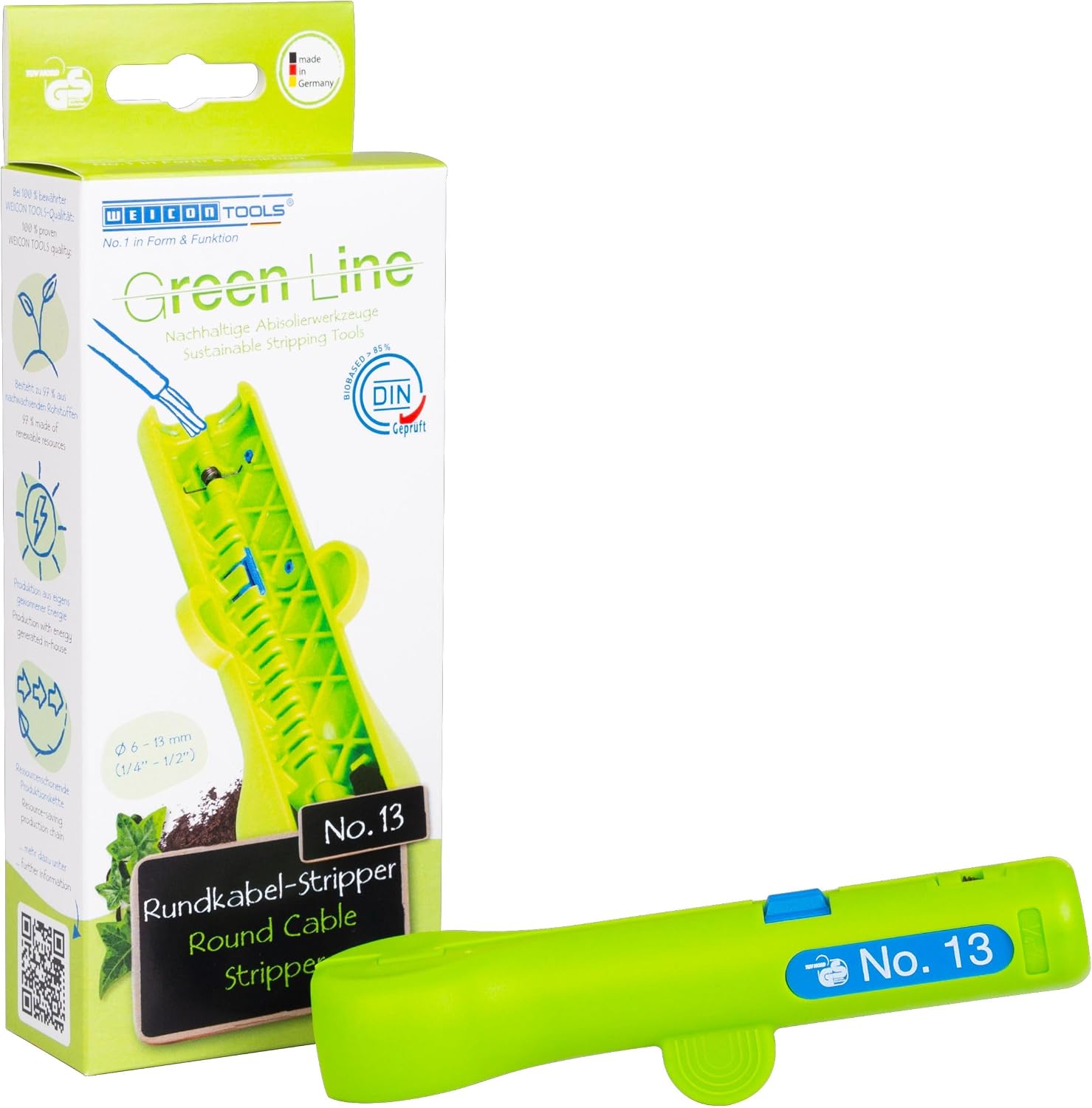 WEICON TOOLS Rundkabel-Stripper No. 13 Green Line | Nachhaltige Rohstoffe | Entmanteler für Rund- und Feuchtraumkabel von 6-13 mm Ø
