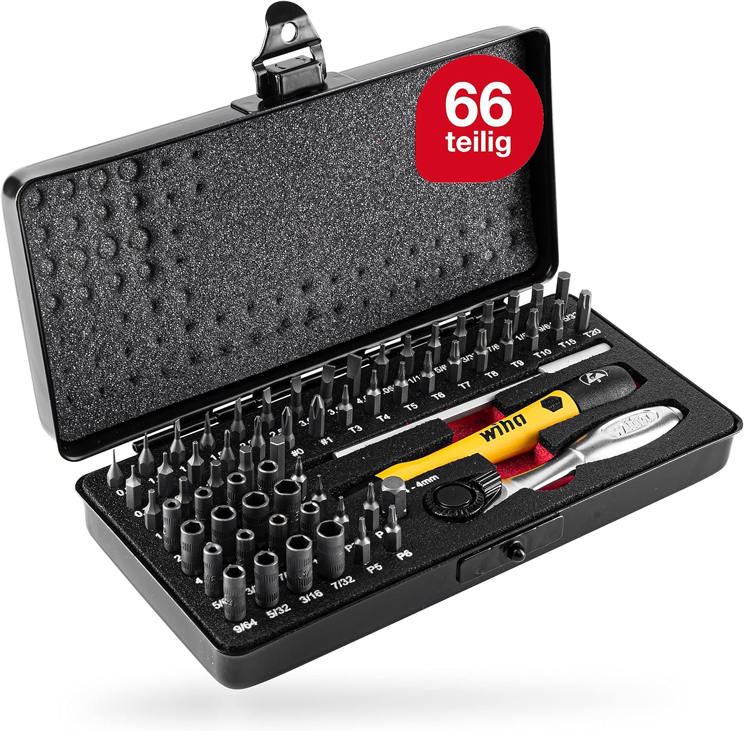 Wiha Micro Bit Set 65-tlg. inkl. Aufbwahrungsbox (39971) I Feinmechanik Schraubendreher Set mit Bit Halter, Steckschlüssel, ESD Schraubendreher Griff, Ratsche, Griff Verlängerung und Adapter