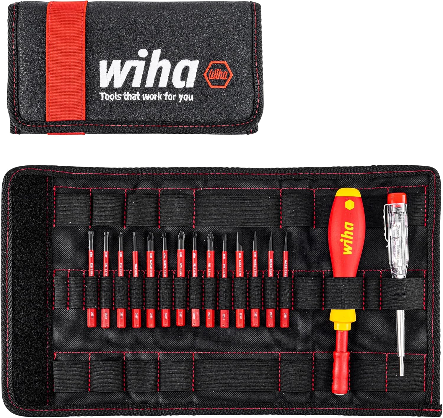 Wiha Schraubendreher und Bit Set slimVario (36068) 17 tlg. in Falttasche | VDE Elektriker | ( Schlitz, Kreuzschlitz, Torx, PlusMinus, Spannungsprüfer)
