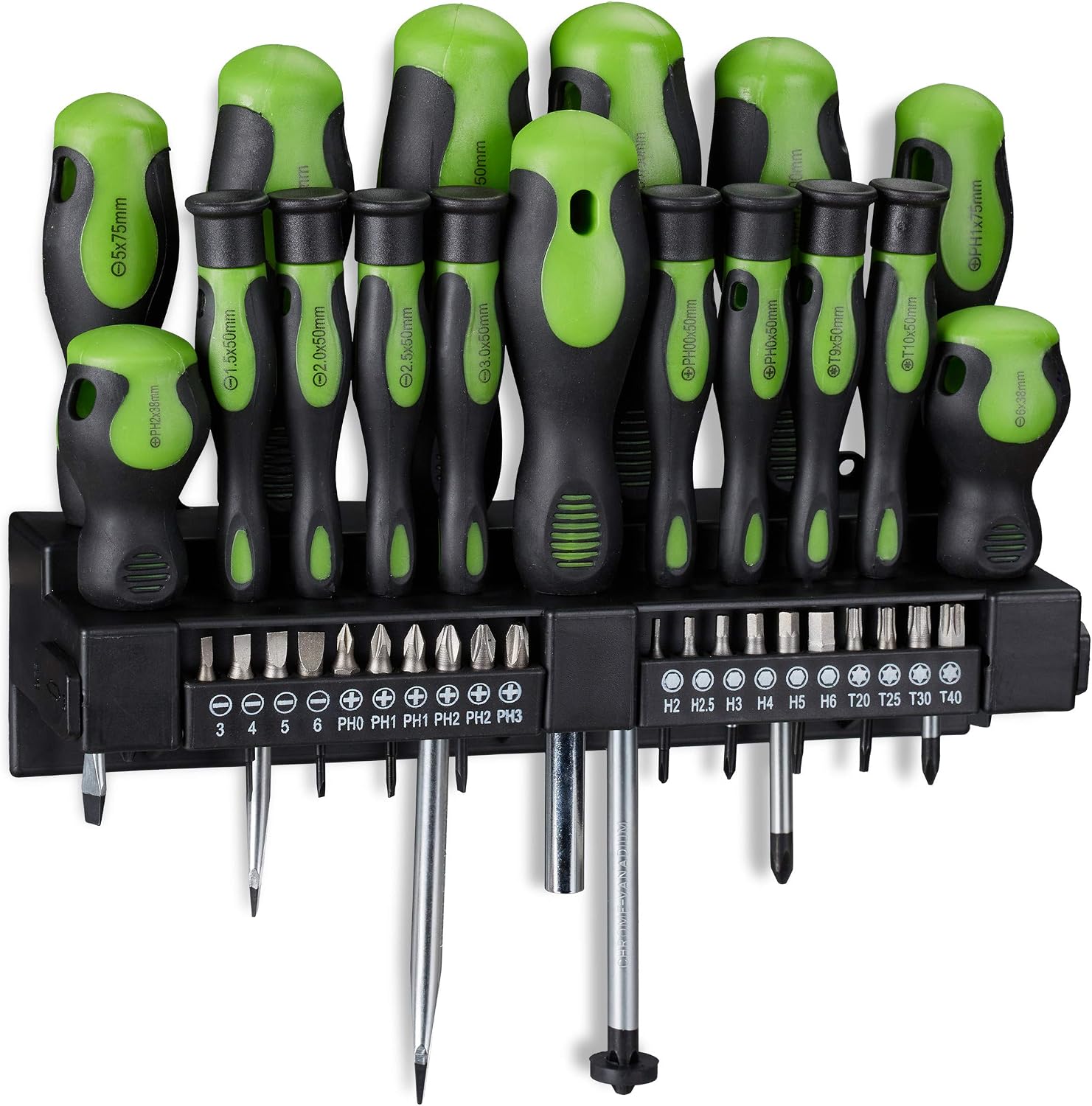 Relaxdays Schraubendreher Set XXL, 37-teiliges Werkzeug Set, schwarz/grün