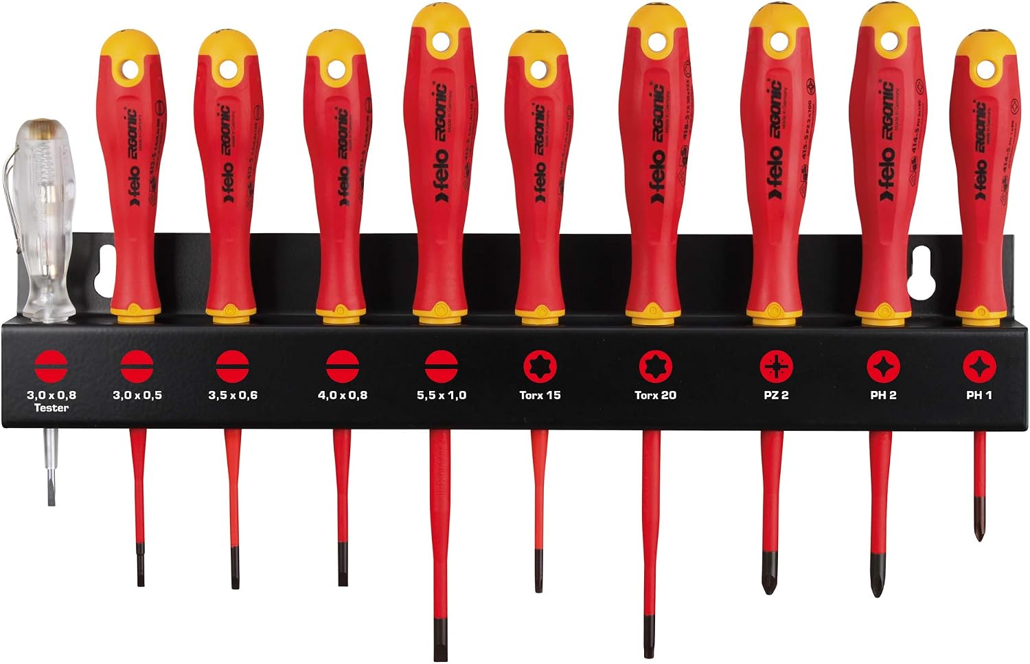 Felo SD ERGONIC VDE E-Slim Satz (10-tlg., mit 3K-Griff, inkl. Stahl-Werkzeughalter, SL/PH/PZ/TORX® Profil, Schraubenzieher, Werkzeug, Handwerker Zubehör) 00041391093