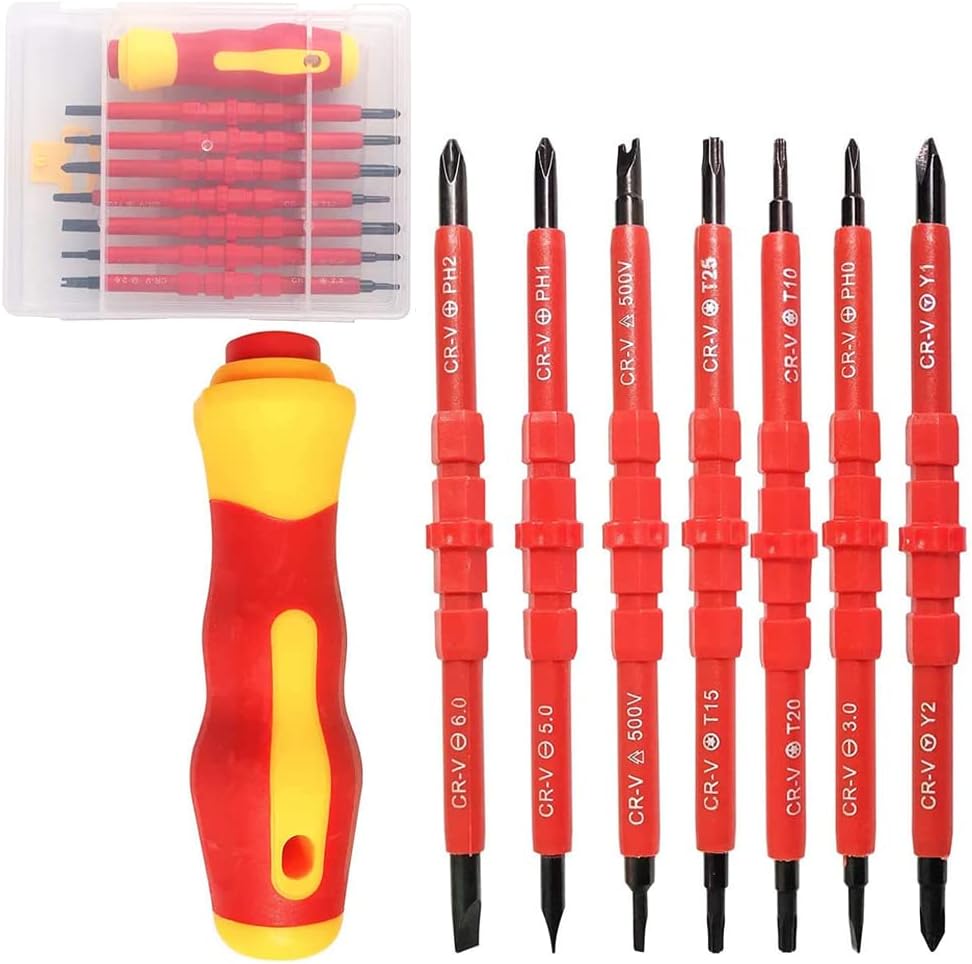 Schraubendreher Set, 7 Teilig Isolierter Profi Schraubendrehergriff Set, 14 in 1 Multifunktionales Austauschbarer Isolierter Zwei Wege, Schraubendreher mit Weichem Griff für Reparatur Von Elektrikern